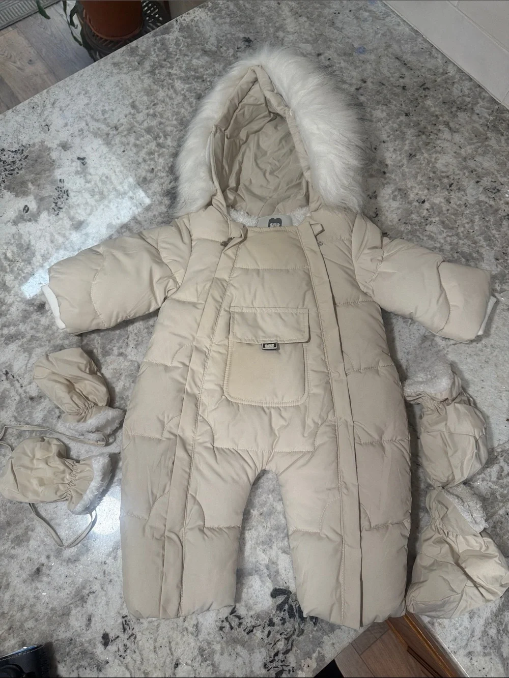 Cream Baby Puffer Snowsuit with Faux Fur Hood